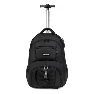 Mochila con Ruedas 40L para Viaje y Escuela | Maleta Multifuncional con Compartimento para Laptop 15.6in, Maleta Escolar Unisex con 10 Bolsillos, Candado Antirrobo y Puerto de Carga USB, Color Negro