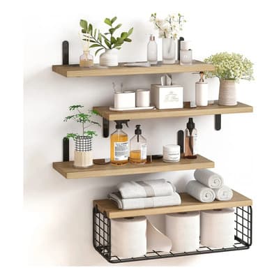 D 4 Repisas Flotantes Estante Madera,rack De Almacenamiento Multifuncional,con Canasta De Cuadrícula De Metal,adecuado Para Herramientas De Almacenamiento Para El Hogar De Cocina Y Baño.(marrón Claro)