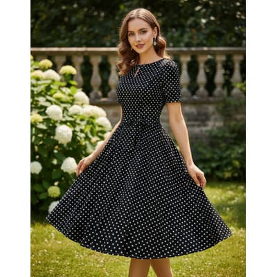 Vestido Manga Corta Con Escote Cuadrado Lunares Para Mujer