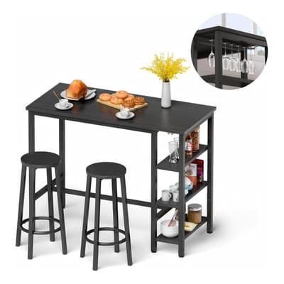 KIXTLA Mesa Barra De Cocina Multiusos Mesa Alta Con 2 Bancos Moderna color Negro