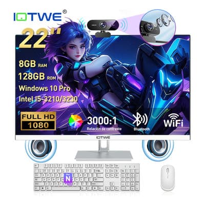 All In One Computadora 22 Pulgadas Intel i5 8GB Ram 128GB SSD Win 10 Pro FHD Cámara HD 4K Altavoz incorporado de 6 W Kit de teclado y ratón inalámbricos Bluetooth en español Wi-fi Bluetooth Iotwe