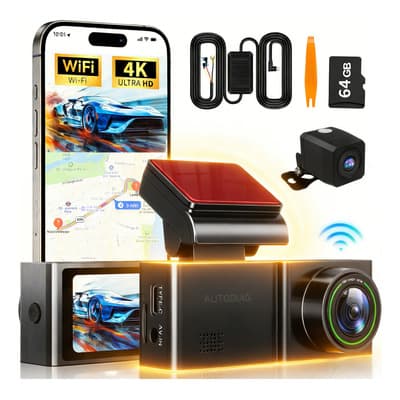 Autodiag® 4k Camara Para Auto Dash Cam Ultra Hd Con Visión Nocturna Wifi Gps, Lente Ultra Gran Angular, Vigilancia De Estacionamiento(equipado Con Línea De Alimentación Dedicada), Tarjeta 64g