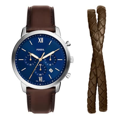 Set De Reloj Fossil Hombre Neutra De Piel Color de la correa Marrón Color del bisel Plata Color del fondo Azul