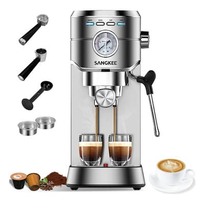 Sangkee Máquina De Espresso 20 Bar, Cafetera Espresso Compacta Con Vaporizador De Leche, Compatible Con Café Molido Y Cápsulas Nespresso, Capuchino, Latte, Acero Inoxidable, ¡oferta Limitada! Plateado - $2,994.42 en Mercado Libre | PrecioMX