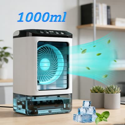 3-en-1 Mini Aire Acondicionado Portátil Con Tanque De 1000ml, 7 Colores Led, 3 Velocidades, Enfriador Climatizador Para Oficina, Casa, Coche, Con Diseño Blanco Elegante Y Portabilidad Facil Censtech