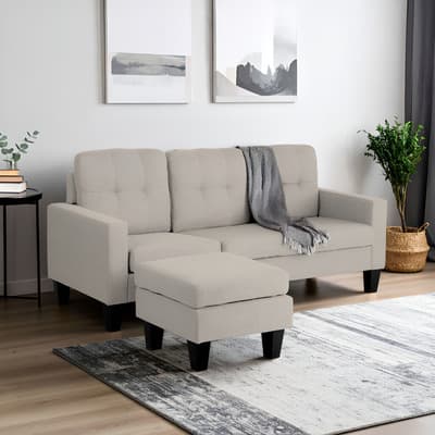 Sala Esquinera en L Kingshouse con Taburete y Diseño Reversible de Madera de Alta Calidad y Durabilidad, Moderna Ideal para Espacios Pequeños, Tapizado tipo Lino y Cojines Removibles