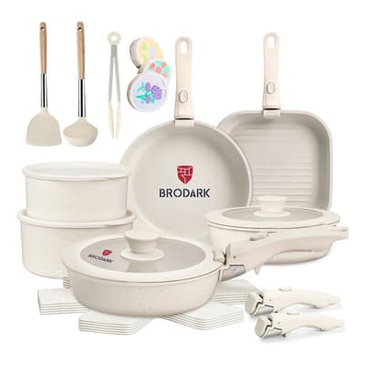 BRODARK 23 Piezas Juego De Sartenes Ollas Cerámica Batería De Cocina Utensilios Sartenes Antiadherentes Con Mangos Desmontables Y Tapas De Vidrio Para Inducción, Gas Y Horno Blanco