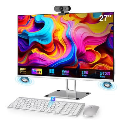 27'' All In One Pc Computador Core 16gb Ram+512gb Ssd+Cámara, All In One Pc Computador con HDMI, Bluetooth 4.1, WiFi de Doble Banda, Mouse y Teclado Inalámbricos para Trabajo, Estudiar y Juegos