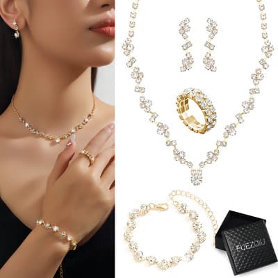 Fuezoiu Kit 4 Pz Joyería Juego De Collar Pulsera Pendientes Y Anillo Para Novia Mujer Color Oro Regalos De San Valentín - $117.60 en Mercado Libre | PrecioMX