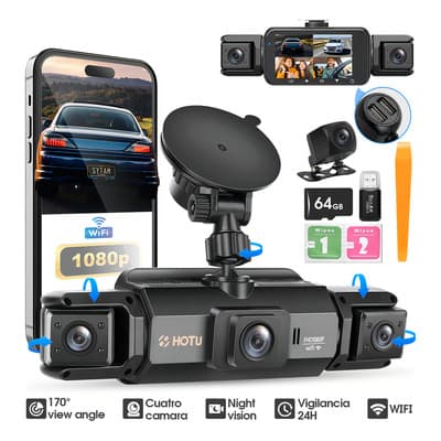 Hotu Dash Cam 360° para Auto 4 Cámaras 1080p WiFi Visión Nocturna 64GB