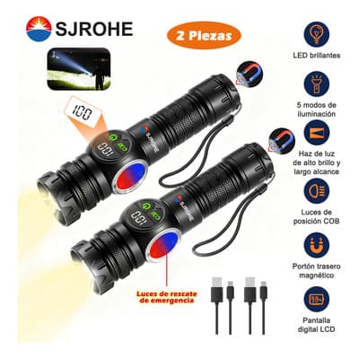 Sjrohe® 2 Piezas Lámpara Táctica Usb 5 Modos Recargable Led Linterna Táctica Camping Lampara De Caza Luz De Emergencia Para Exteriores Lamparas Potentes 120000 Lúmenes Led Linterna Ultra Potente Negro - $219.98 en Mercado Libre | PrecioMX