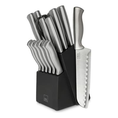 Cuchillos de Cocina de Acero Inoxidable (15 Pz) con Base de Madera, Afilador y Tijeras, Juego de Cuchillos Profesionales de Mango Hueco, 7 Variedades