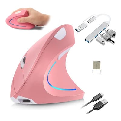 6 Botones Mouse Inalámbrico USB Mouse Ergonomico Recargable Ratón Vertical Óptico Computadora Gamer 2.4 Ghz Con 3 Niveles De DPI 800/1200/1600, Con Hub Para PC Laptop Teléfonos Mano Derecha Rosa