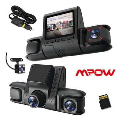 Cámara Automóvil Dash cam Carro De 4 Canales Visión 360° Hd Mpow, Sd 32 Gb Incluida, Con Pantalla, Visión Nocturna, Grabación En Bucle, Sensor G, Modo Estacionamiento, Accesorios Coche, Con Microfono