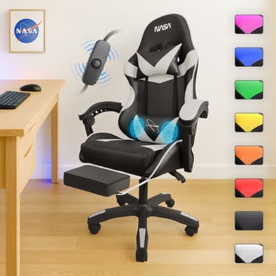 Silla Gamer Ergonómica N.a.s.a Marte Blanca Masajeadora Reclinable Cuero Pu Blanco Cuero Sintético Pu