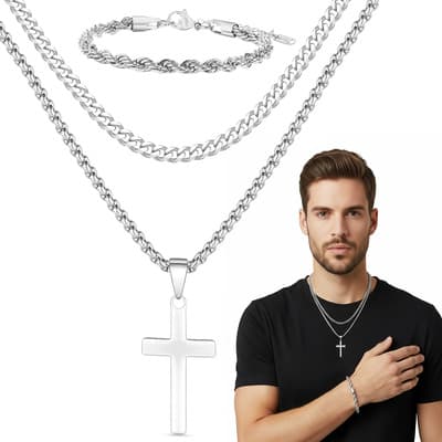 Fuezoiu 2pz Collar Con Pulseras Cruz Dijes Hombres Regalo Joyeria Acero Inoxidable Plata Collares Mujer 60cm Pulseras 21cm Plateado - $70.95 en Mercado Libre | PrecioMX