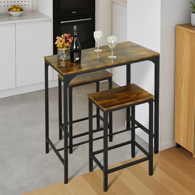 Mesa De Comedor Con 2 Bancos Metal Y Madera Estilo Industria Tapa Marrón Patas Negro