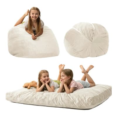 Puff Sillón Dos En Uno Niños 150x150cm Terciopelo Crema Cama Reclinable