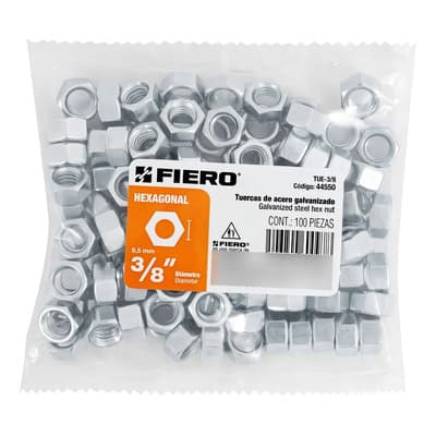Bolsa Con 100 Tuercas 3/8'' Hexagonales De Acero Galvanizado Fiero - $94.00 en Mercado Libre | PrecioMX