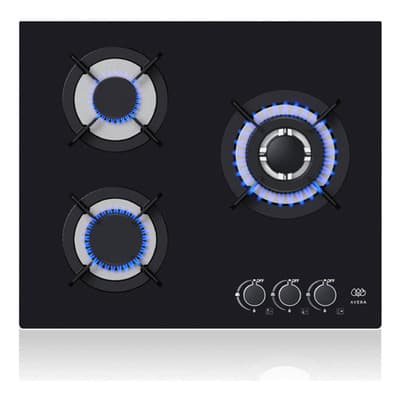 Parrilla de Gas 3 Quemadores Avera, Vidrio Templado Negro 58.5cm, Empotrable, Soportes de Hierro Fundido, Encendido Electronico, Perillas Metalicas, Estufa, Compatible con Gas LP y Gas Natural, VT3