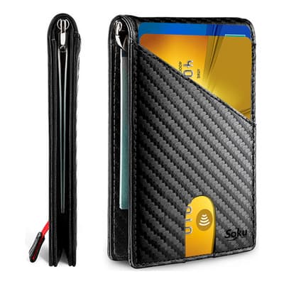 Soku Cartera Billetera Piel Fibra Carbono Protección Rfid Clip Color Negro