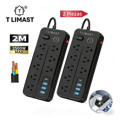 Tlimast 2 Piezas Multicontactos Usb 2500w Cable De Cobre De 2 Metros Con 8 Salidas+3 Usb+1 Tipo C 10a 110v-220v Cable Para Extensiones Electricas Extension Uso Rudo Resistente Al Fuego Color Negro - $198.98 en Mercado Libre | PrecioMX