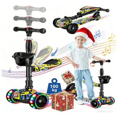 Scooter Patin Del Diablo Monopatín De Pie Plegable Portátil Alta Ajustable Para Niña Niño 2-14 Años Con Luces Led Y Música, Asiento Extraíble