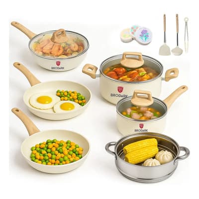 BRODARK Juego De 15 Piezas Sartenes Batería De Cocina Wok Antiadherentes Sartén Ollas Y Medical Stone Compatible Para Inducción Y Gas Color Blanco