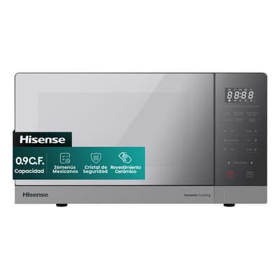 Hisense 0.9 C.F. Microondas, 26menús mexicanos preestablecidos, Cristal De Seguridad, Revestimiento Cerámico, ECO y Mute, 10 Niveles De Potencia, Función De Descongelación, Espejo Plateado, HMMS2509SP