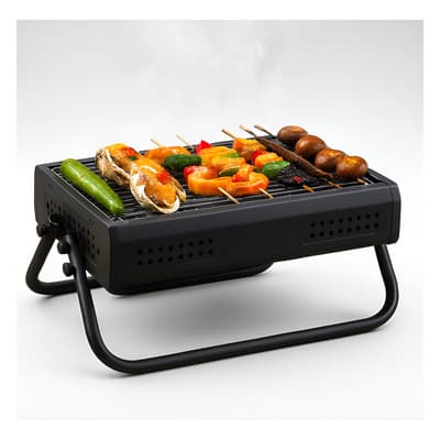 Parrilla Asador de Carbón Portátil con Asa, Color Negro, Ideal para Camping, Picnic y Aire Libre, Resistente al calor y Fácil de Transportar, Diseño Compacto y Fácil de Guardar