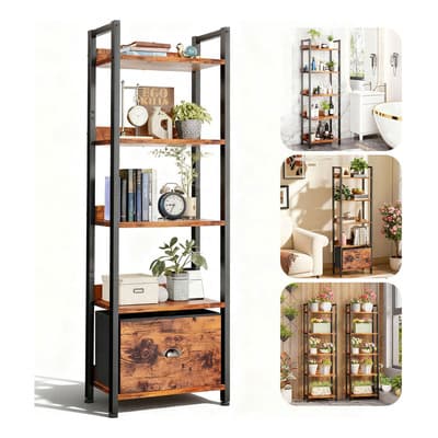 Furrific Estantería Alta De 5 Niveles With Cajon, Industrial Style Librero With Rustic Acabado Mueble Organizador Para Sala Oficina O Recamara Estantería Para Libros Y Decoración/Uso baños y balcones