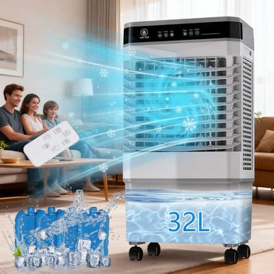 Enfriador de Aire Evaporativo CM-TOP 32L 120W con Control Remoto, Pantalla LED Táctil y Temporizador 12H, 3 Velocidades, Oscilación 45°, Ideal para Hogar u Oficina 30–45 m²