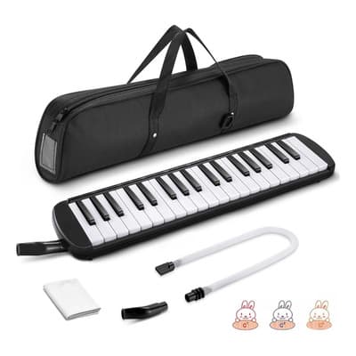 Melódica Escolar 32 Tecla Piano De Viento Con Estuche Y Boquilla, Paño De Limpieza, Color Negro, Instrumento Melódico Teclado Piano De Aire Pianica Con Tubo Largo Y Bolsa Portátil Para Niños Y Adultos