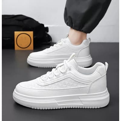 Zapatos De Tenis Blanco / Negro Casuales De Suela Gruesa De Cuero Para Hombres