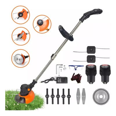 Desbrozadora Inalámbrica Podadora Eléctrica color negro RUOMU WDMXF108WH, Potente Motor con 2 Baterías, Incluye 4 Hojas Diferentes para Trabajo Continuo y Eficiente