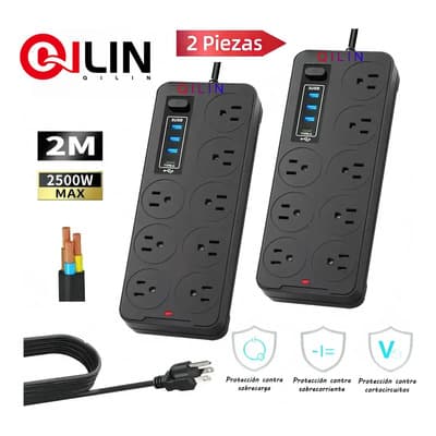 Qilin® 2 Piezas Multicontactos Usb 2500w Cable De Cobre De 2 Metros Con 8 Salidas+3 Usb+1 Tipo C 10a 110v-220v Cable Para Extensiones Electrica Extension Uso Rudo Resistente Al Fuego Color Negro - $189.00 en Mercado Libre | PrecioMX