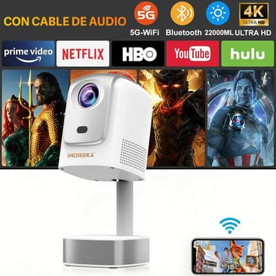 Proyector Android Tv Moreka Mop-08s Wifi Dual 2.4g/5g Bluetooth 5.0 | Auto Enfoque Y Corrección Automática | Cine En Casa 22000lúmenes, Pantalla 120, Hdmi Usb Portátil Extensible Blanco