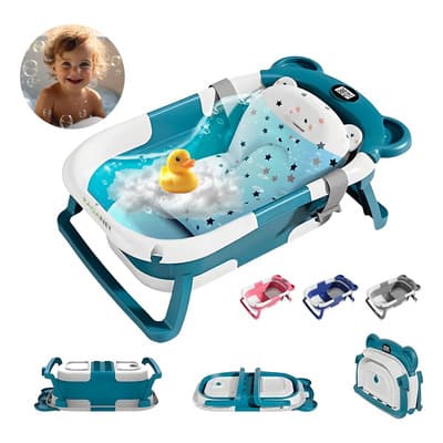 Bañera Tina Baño Bebe Plegable Portátil Con Cojín Termómetro Color Azul Animales