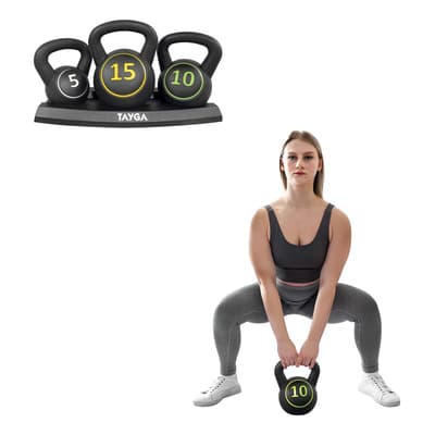Set Pesa Rusa Kettlebell C/base 5,10,15lb Plástico Gym Tayga Negro