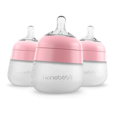 Nanobébé Biberón De Silicona Anti-cólicos 150ml/5oz 0m+ 3pz Color Rosa