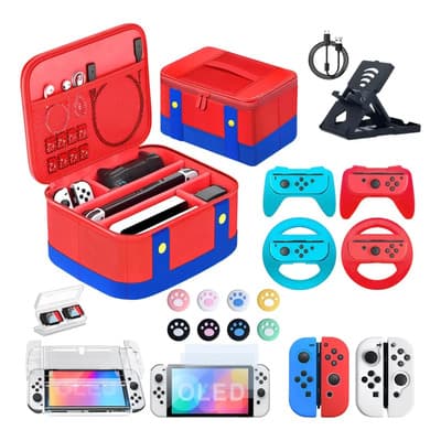 Aiyinsmart Estuche Grande Kit Accesorios Nintendo Switch Oled 38 En 1, 1*funda De Viaje, 2*mango Del Volante, 2*controlador De Juego, 4*funda De Silicona, 5*funda Transparente, 1*soporte De Juegoa