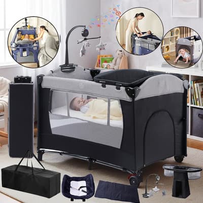 Corralito Huake Negro Plegable 5 en 1 Cuna Cambiador Con Ruedas y Bolsa