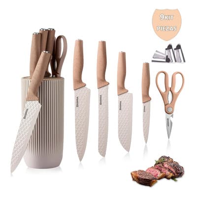 Monteratillo® Juego De Cuchillos De Cocina Profesional Con Base 9 Piezas marrón claro，set cuchillos cocina，cuchillo chef profesional，Juego De 9 Cuchillo De Acero Inoxidable Familain knife set