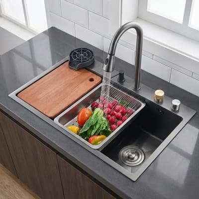 Tarja Fregadero De Cocina Con Cascada Multifuncional Moderno De Lujo Acero Inoxidable Con Kit y Accesorios Color Negro