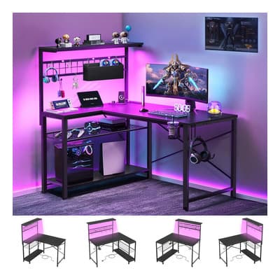 FURRIFIC® Escritorio gamer para juegos con luz LED, regleta y estante de almacenamiento Escritorio oficina Escritorio l