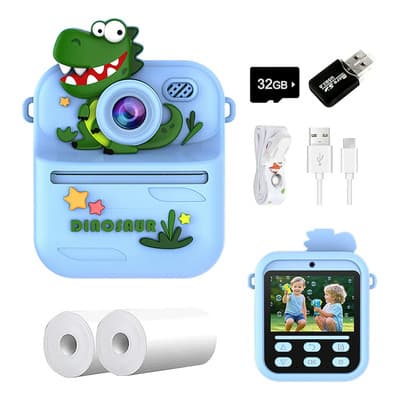 Juguete De Cámara Digital Para Niños Con Impresión Instantánea De Fotos, Video Y Consola De Juegos, Incluye Lector De Tarjetas De Memoria De 32 Gb Y Dos Rollos De Papel De Impresión,dinosaurio Azul