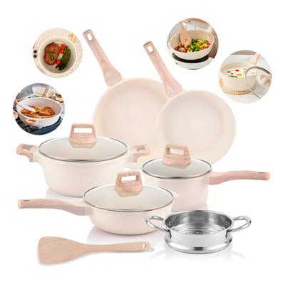 Batería De Ollas Y Sartenes Juego De Cocina Antiadherentes Color Crema