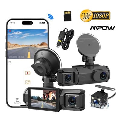 Dashcam Carro Coche 3 Cámara Automóvil Con Wifi Pantalla Hd, Sd 32 Gb Incluida, 170° Angular, Visión Nocturna, Grabación En Bucle, Sensor G, Modo Estacionamiento Y App Control Mpow