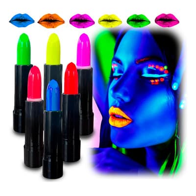 6 Labiales Lipstick Color Neon Luz Uv Negra Fiesta Halloween Multicolor