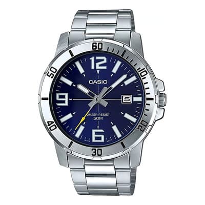 Reloj Casio Mtpvd01 2b Hombre Acero Fechador Correa Plateado Bisel Plateado Fondo Azul Marino Mtp-vd01d-2b